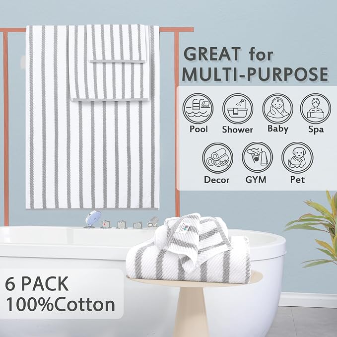 VOOVA & MOVAS 6PC Towel Set, 100% Cotton, Gray Beige | 2 Large Bath Towels 30x56 In, 2 Hand Towels 18x28 In, 2 Washcloths 13x13 In, Quick Dry, Thick, Soft, College Dorm Towels