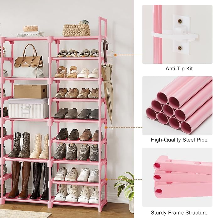 WOWLIVE 9 Tiers Shoe Rack Shoe Storage Shoe Organizer 50-55 Pairs Shoe Tower Unit Shelf Durable Metal Pipes with Plastic Connectors Stackable Cabinet Pink