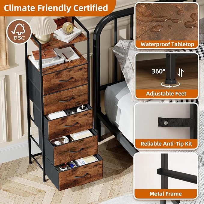 Somdot Tall Nightstand for Bedroom, Tall 5 Drawers Dresser, Vertical Storage Tower Unit, Nightstand Furniture with Fabric Drawer Organizer in Bedside Kids Room, Laundry Entryway, Wood Grain Print