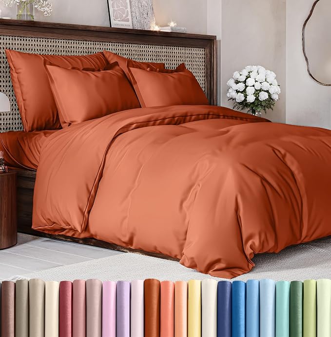 Duvet Cover Queen Size Set - Extra Soft Queen Duvet Cover 90" x 90" with 2 Pillow Shams for Women, Men, Kids & Teens - Hotel Luxury w/ Zipper Closures & Ties - Comfy, Cozy & Breathable (Terracotta)