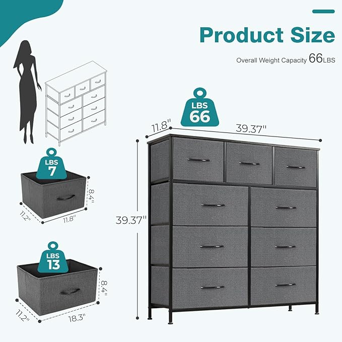 OLIXIS 9 Drawers Storage Organizers Units, Closet Organizers and Storage for Clothes, Fabric Storage Drawer for Living Room, Chest of Dresser in 39.4" D x 11.8" W x 39.9" H, Grey