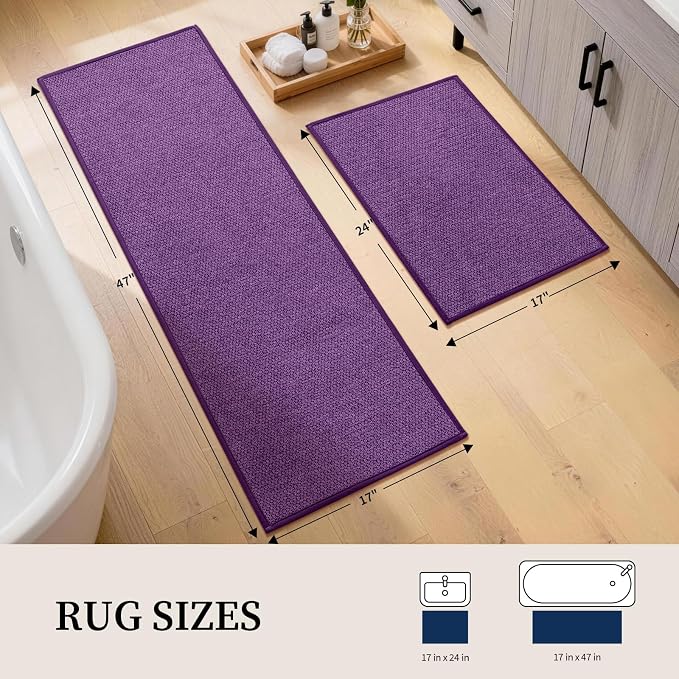 YIHOUSE Purple Bathroom Rugs Sets 2 Piece, Quick Dry Thin Bath Mat, Non Slip Absorbent Machine Washable, Bath Runner Rug for Bathtub Sink Home Decor (17"x24" + 17"x47")