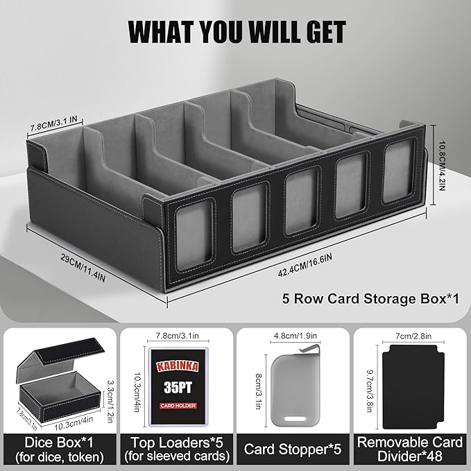 Kabinka Trading Card Storage Box with Commander Display, 5-Row Deck Case with Removable Lid; 3900+ Card Organizer for MTG TCG PTCG Sports Card, Top Loaders Storage Box (Black)