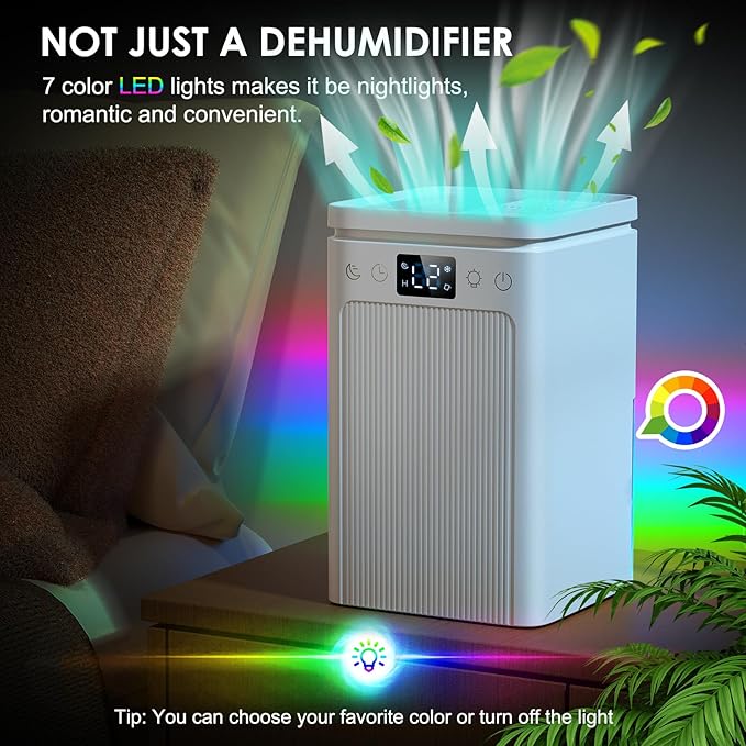 Dehumidifier for Home, 75 OZ Water Tank, Quiet Dehumidifiers for Home with Auto Shut Off, Auto Defrost, Timer, Sleep Mode, 7 Color Light Dehumidifier for Basement, Bedroom, Bathroom - White