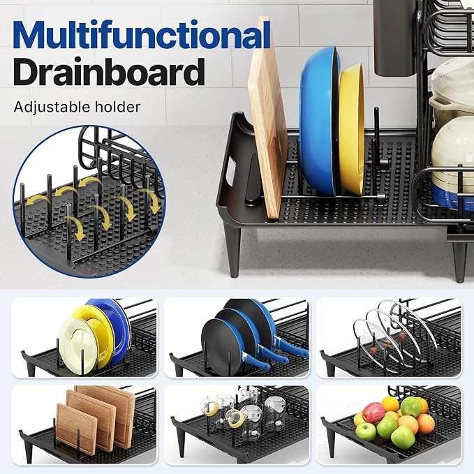 Urackify Dish Drying Rack for Kitchen Counter, Expandable 2 Tier Dish Rack, Large Capacity Dish Drainer with Drainboard Multifunctional Dish Strainer with Removable Cutlery Holder Black | 2 Tier. Expands from 16.9 to 26.6 inches to fit more dishes, wit...