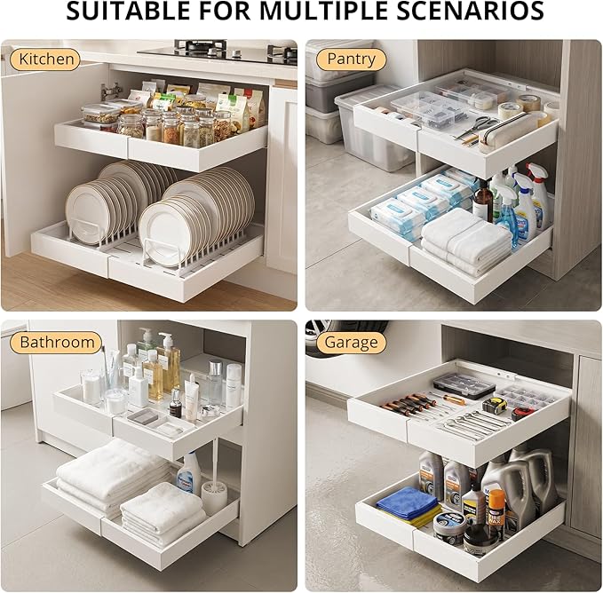 DOMNIU 2 Pack Pull Out Cabinet Organizers Expandable Width (12.4''-20.27''), Upgrade 3 Slide Rails Sliding Drawer for Kitchen Cabinet Organizer with Adhesive Nano Film, White