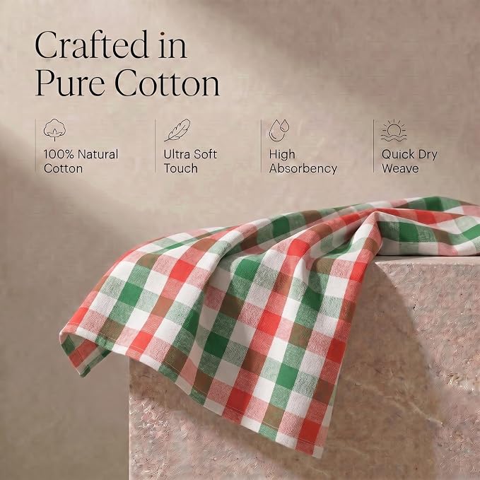 Urban Villa Christmas Kitchen Towels 100% Cotton Dish Towels for Kitchen (Set of 6) 20”x30” Dish Cloths Absorbent Kitchen Linen Set with Hanging Loop Perfect for Drying Dishes Cleaning – X MAS Checks