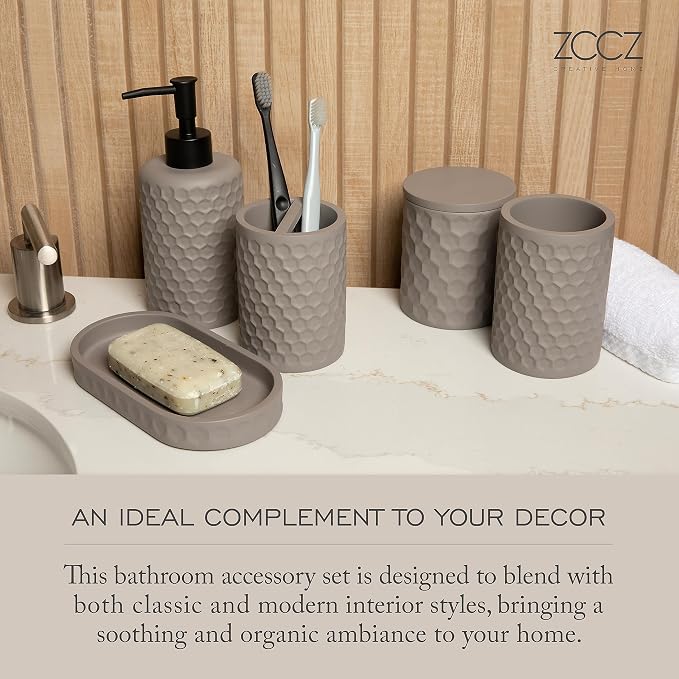 zccz 6 Piece Bathroom Accessories Set, Toothbrush Holder, Toothbrush Cup, Soap Dispenser,Bathroom Vanity Tray, Qtip Holder, Trash Can - Cement