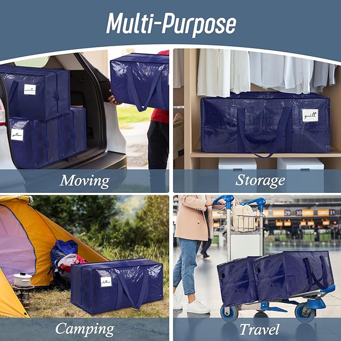 12 Pack Extra Heavy Duty Large Moving Bags with Strong Zipper, Dark Blue | Comfortable Handles, Sturdy & Durable Clothes Storage Bags Totes Bins, Blue Packing Moving Boxes for College Supplies