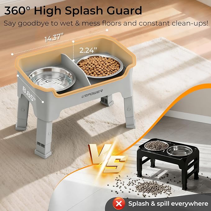 URPOWER Mess Proof Elevated Dog Bowls for Small Dogs with Splash Guard | 2 Stainless Steel Dog Bowls Non-Slip Food and Water Bowl Set with High Wall Splash Guard Design for Small Dogs, Light Grey