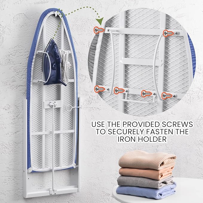 Ironing Board 36.2" x 12.2" Wall Mounted Compact Fold Down, Blue | Space-saving design, cotton cover, compact fit for laundry rooms and closets with Iron Holder