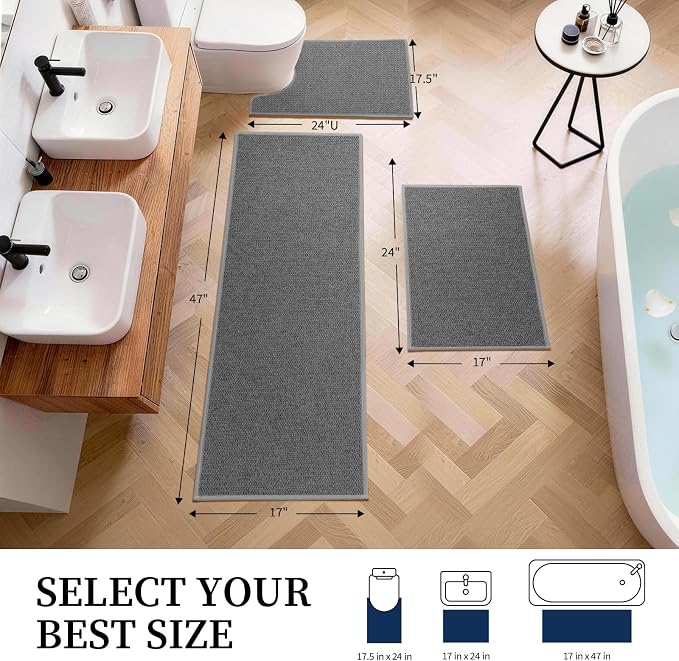 YIHOUSE Dark Gray Bathroom Rugs Sets 3 Piece, Quick Dry Non Slip Thin Bath Mat with Toilet Rug, Absorbent Machine Washable Bath Runner Rugs for Bathtub Sink Home Decor