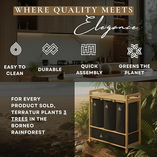 4 Section Recycling Bin for Kitchen – Dual Trash and Recycle Bins for Paper, Plastic, Cans – Indoor Bamboo Recycling Organizer – Decorative Wooden Recycle Bins for Kitchen & Office