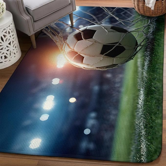 Football Washable Area Rugs for Living Room Bedroom, Large Non Slip Indoor Floor Carpet Absorbent Low Pile Goal Net Soccer Sports Orange Blue Green Door Mat Rugs for Bathroom Entryway 63"x78.7"
