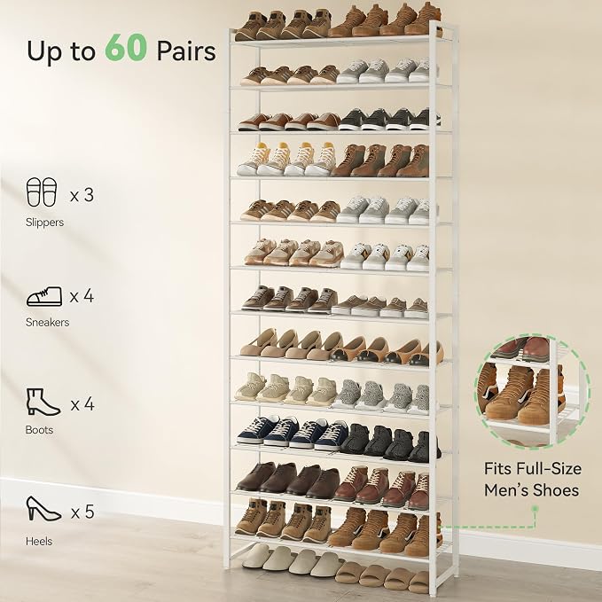 Nunsino Shoe Rack for Closet, Metal Shoe Organizer,12 Tier Garage Shoe Rack Max Holds 60 Pairs,Shoe Storage Shelf,Entryway, White