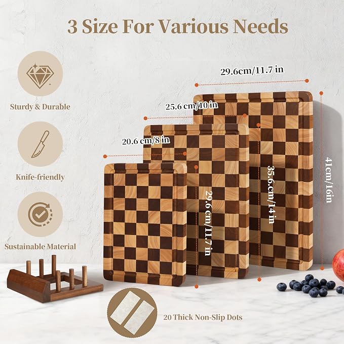 Checkered Cutting Board Set for Kitchen - 3 PCS Wood Checkerboard End Grain Chopping Board with Holder & Juice Groove, Wooden Cutting Boards for Meat, Vegetables, Fruits (S, M, L)