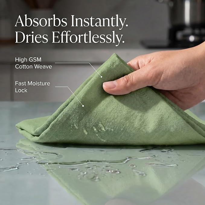 Urban Villa Kitchen Towels 100% Cotton Dish Towels for Kitchen(Set of 6)20”x30” Dish Cloths Highly Absorbent Kitchen Linen Set with Hanging Loop Perfect for Drying Dishes Cleaning Hand Towels – Green