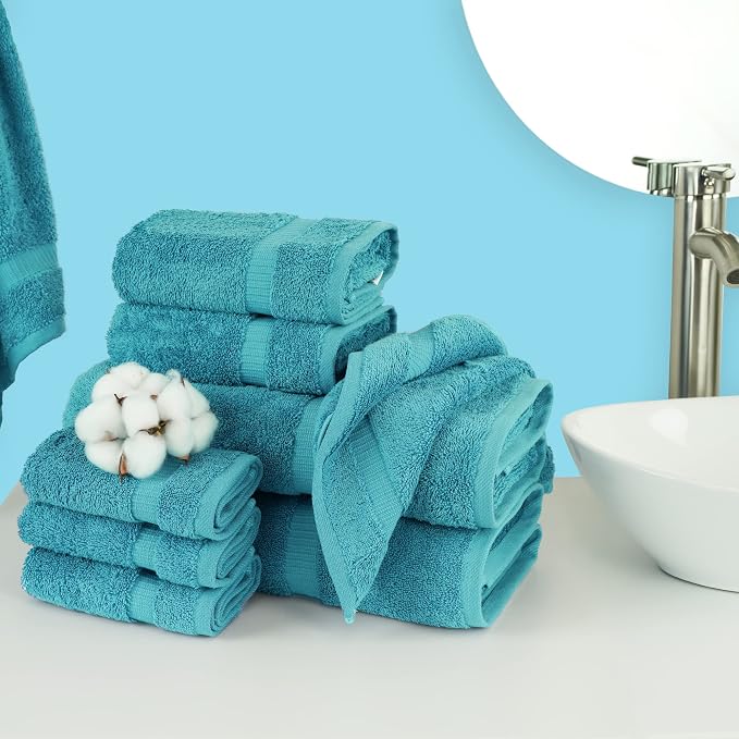 Chakir Turkish Linens Set of 8 Towel Set, 100% Cotton Luxury Turkish Towels for Bathroom, Soft Absorbent Bath Towel Set with 2 Bath Towels 2 Hand Towels 4 Washcloths, Aqua