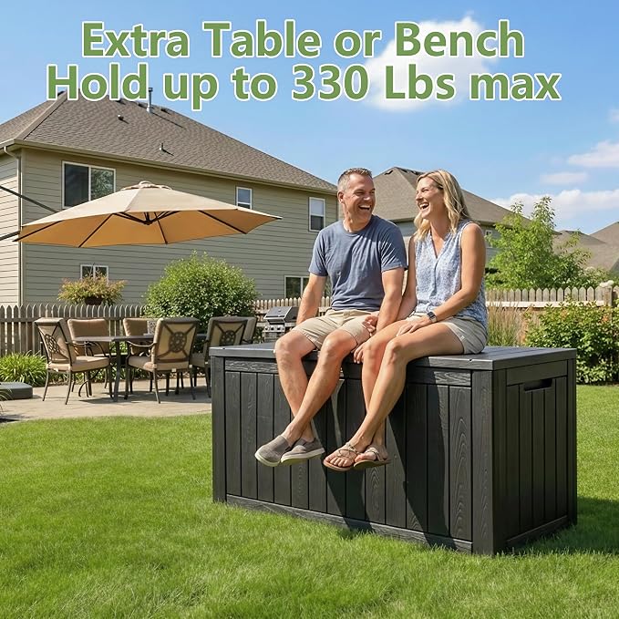 97 Gallon Waterproof Large Resin Deck Box, Lockable Large Outdoor Storage Box Indoor Outdoor Storage Container for Patio Cushions, Gardening Tools, Pool Supplies, Black