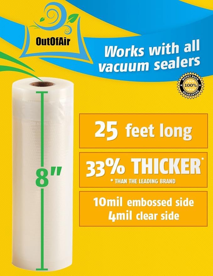 8" x 25' Rolls (Fits Inside Machine) - Pack of 2 (50 feet total) - OutOfAir Vacuum Sealer Rolls. Works with FoodSaver Vacuum Sealers. 33% Thicker, BPA Free, Sous Vide, Commercial Grade