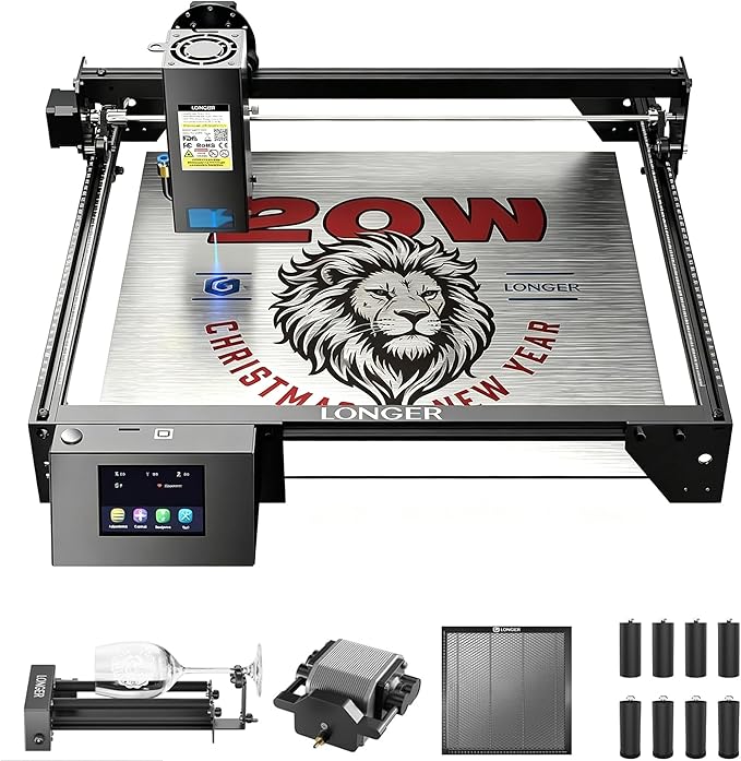 Longer New Upgrade RAY5 20W with Air Pump,440mm*440mm Honeycomb, Y-axis Rotary Roller 360° Rotation with Bracket，8Pcs Laser Engraver Raiser Laser，DIY Engraver Tool for Metal/Glass/Wood