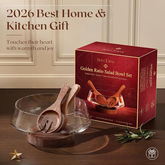 SoulThink® Golden Ratio Extra Large Crystal Glass Salad Bowl Set - Hosting Essentials Salad Serving Bowl with Acacia Wooden Salad Servers and Base, Dinner Party Must Haves for All Occasions