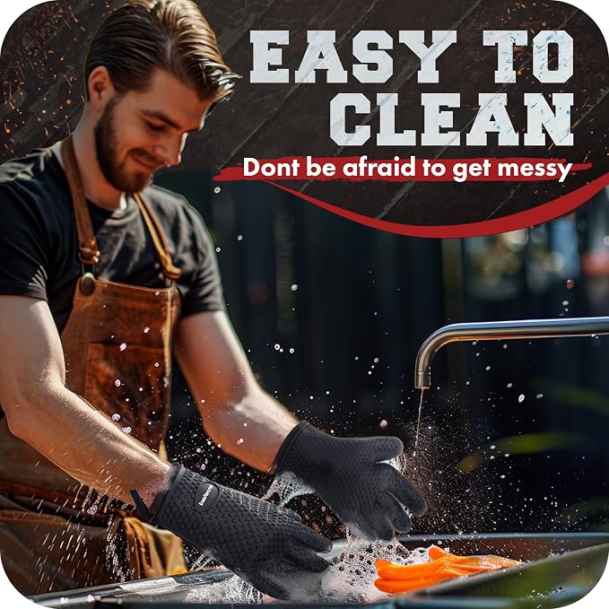 KITCHEN PERFECTION Silicone Smoker Oven Gloves-Extreme Heat Resistant BBQ Gloves-Handle Hot Food Right on Your Grill Fryer & Pit|Waterproof Grilling Cooking Baking Mitts|Superior Value Set +3 Bonuses | Waterproof, 5-Finger Design For A Better Grip, for...