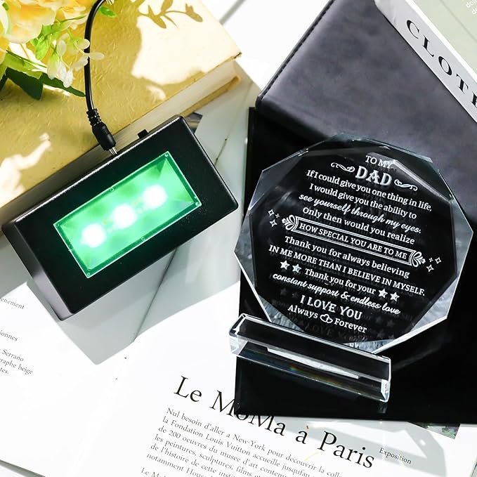 Movdyka Gifts for Dad Christmas, Crystal Keepsakes with LED Base, Birthday Gift Ideas to My Dads from Daughter Son Best Presents for Father on Valentine's Day Thanksgiving Fathers Day