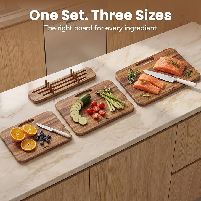 SMIRLY Cutting Boards for Kitchen - 3 Piece Acacia Cutting Board with Stand | Double-Sided Wood Cutting Board, Wooden Cutting Boards Non Toxic for Meat Vegetable Fruit, Food-Grade
