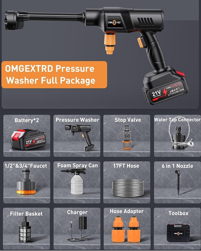 Cordless Car Washer, Portable Cleaning System with 3.0Ah Battery*2, 6-in-1 Nozzle, Foam Sprayer, 17FT Hose, Self-Priming for Car, Garden & Floor Cleaning
