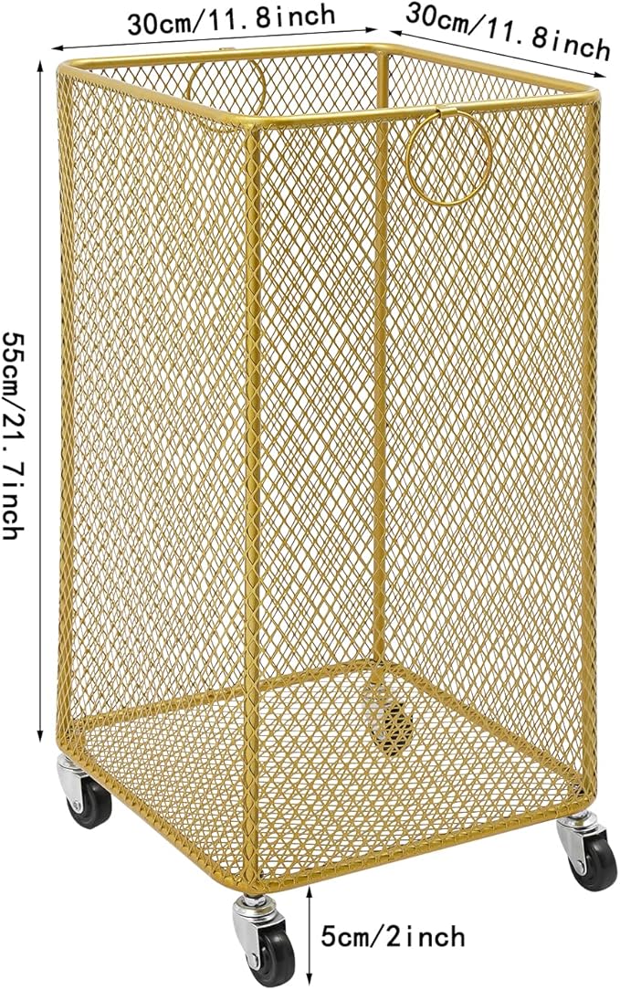 Rolling Laundry Hamper with Wheels Metal Wire Laundry Basket Cart Heavy Duty Clothes Toy Sundries Storage Organize Hamper Bin for Living Room Bathroom Closet Bedroom (Gold, Square)