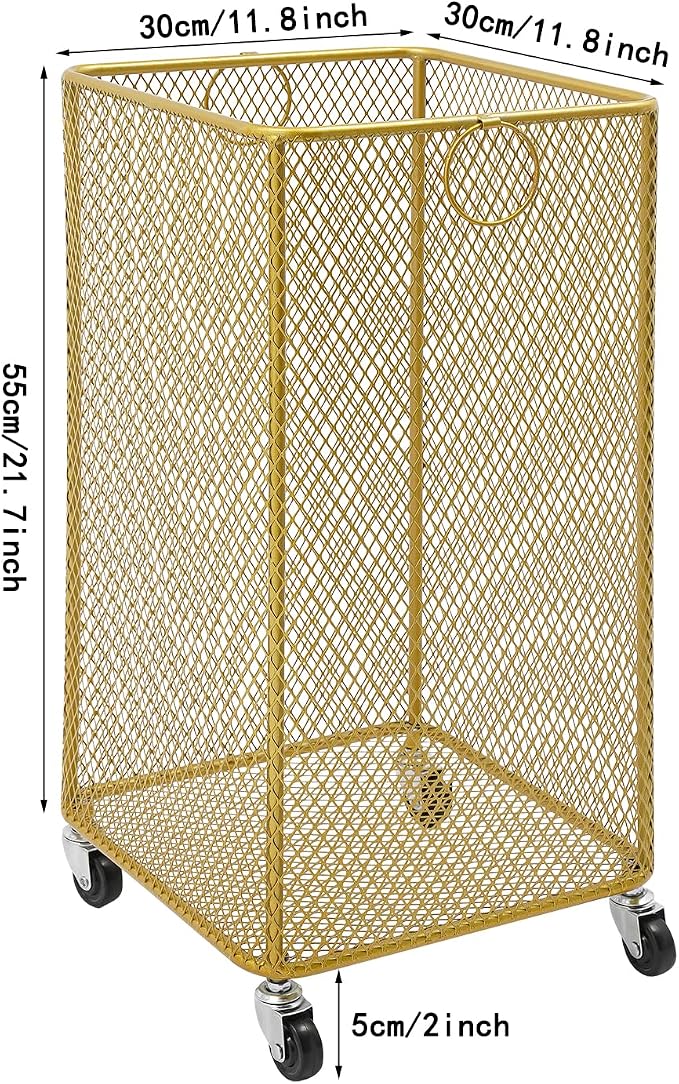 Laundry Hamper with Wheels, Rolling Laundry Basket Cart, Square Metal Mesh Clothes Storage Organizer Hamper with Metal Pull Handle for Laundry Room and Bedroom(Gold, 11.8" x 11.8" x 21.7")
