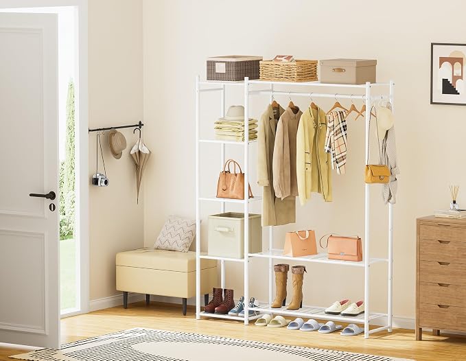 Wardrobe Closet,Portable Clothes Rack with 4 Tiers Shelves,Freestanding Closet Organizers and Storage System with Hanging Rods,Steel Clothing Rack Suitable for Cloakrooms,Bedrooms,Entrances,etc.White
