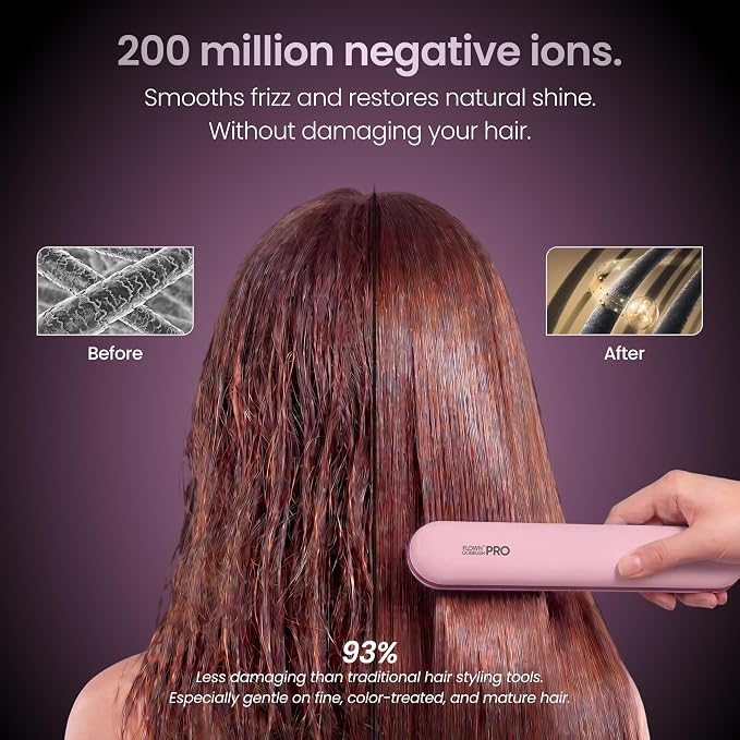 FLOWN® Original Go Brush PRO [Five Minutes Hair Styling Routine] - No Damage Heat Brush with USB-C Charger - Electric Travel Pocket Brush for All Hair Types - Pink (Formerly Numoya)