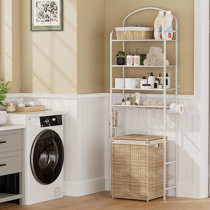 4-Tier Over The Toilet Storage, Bathroom Organizer, Space-Saving, 72" H Above Toilet Storage Rack with 4 Hooks and Paper Holder, Metal Shelf, White