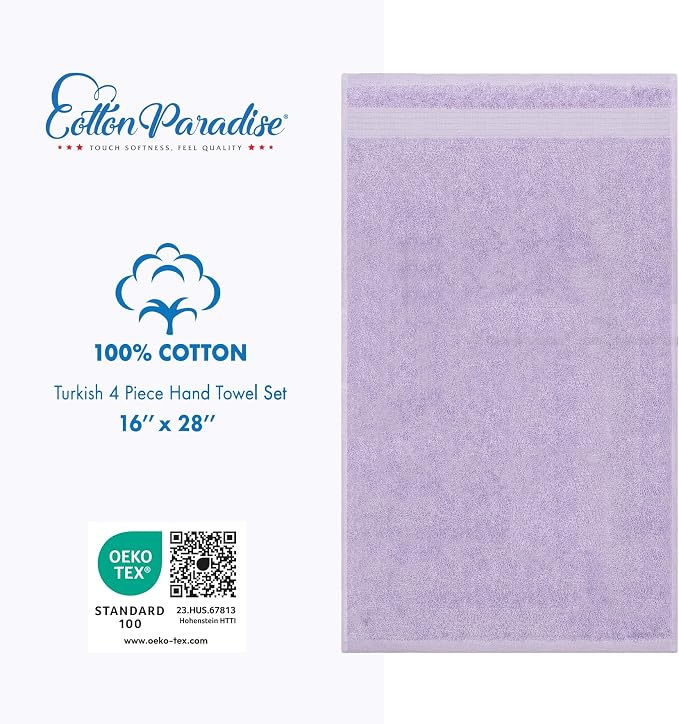 Cotton Paradise 100% Cotton Turkish Towel Set, Soft Absorbent Quick Dry, 4 Piece Hand Towel Set, Lilac