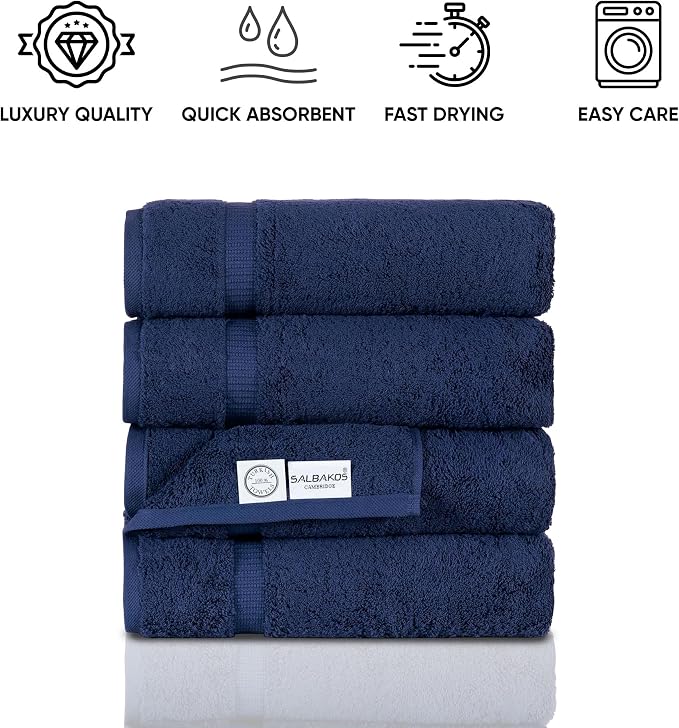 SALBAKOS 4-Piece 100% Turkish Cotton Bath Towels, 27x54 inch, Navy | Standard Size, 630 Gsm Thick Super Soft Highly Absorbent Quick-Dry Bathroom Towel, Premium Hotel & Spa Quality Made in Turkey