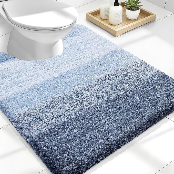 OLANLY Luxury Toilet Rugs U-Shaped 24x20, Extra Soft and Absorbent Microfiber Bathroom Rugs, Non-Slip Plush Shaggy Bath Mat, Machine Wash Dry, Contour Bathroom Mats for Toilet Base, Blue