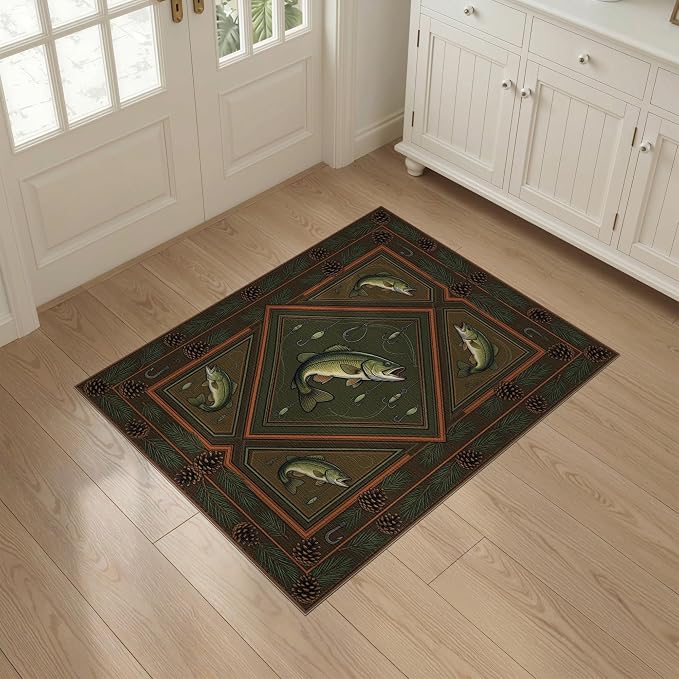 3'x5' Washable Area Rug Bass Lure Cabin Pinecone Hook Border Tackle Motif Fish Fishing Refined Non-Slip Chair-Friendly for Home Office, Hallway, Laundry Room