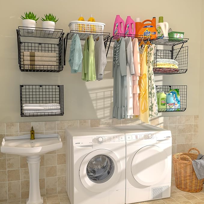 3IngSeagulls 2 Pack Laundry Room Shelves, Wire Baskets with 8 Hooks, Over Washer and Dryer Shelf, Wall Mounted Storage and Clothes Drying Rack, Black