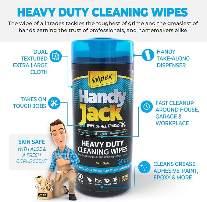 Wipex Handy Jack Heavy Duty Wipes, Dual Texture Cleaning Cloth, Use on Hands, Equipment, Tools, Garden, Automotive, Sneakers, Walls Easily Removes Paint, Adhesives, Oil, Grease, & Dirt, 60ct Canister