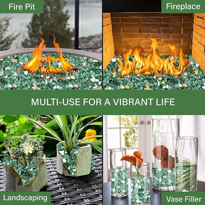 NUPICK 10 Pound Fire Glass, 1/2 Inch Reflective Fire Pit Glass | Tempered Fire Pit Rocks for Propane or Natural Gas, Glass Rocks for Fire Pit Table, Fireplace, Fire Bowl, Landscaping, Green