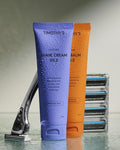 Timothy's Shaving kit with a 5 blade, 3 ounce shave balm, 3 ounce shave cream, 4 razor cartridges, 1 razor blade guard