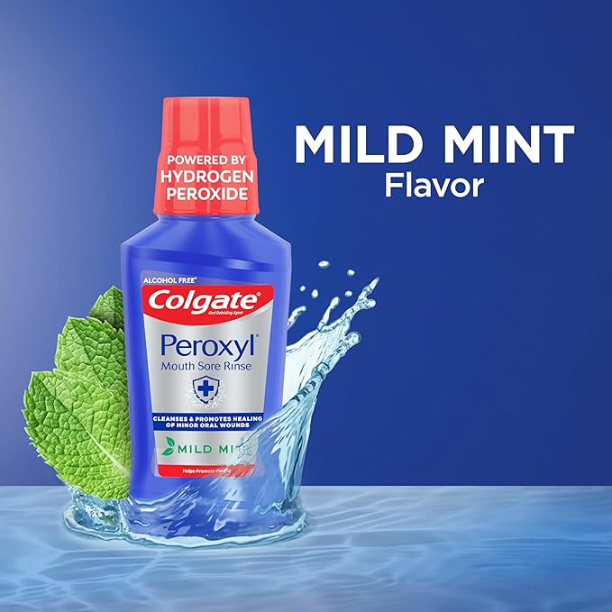 Colgate Peroxyl Alcohol Free Mouthwash with 1.5% Hydrogen Peroxide, Mouth Sore Rinse for Canker Sores, Oral Irritations, and Burns, Mild Mint, 8.4 fl oz Bottle