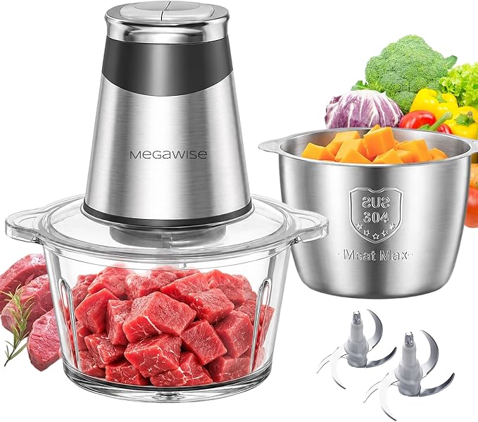 MEGAWISE Food Processor, 800W Electric Meat Grinder, 1.8L Stainless Steel Bowl & 1.8L Glass Bowl, Dual Speed Modes for Meat, Onion, Vegetables, Nuts, Fruits, Baby Food