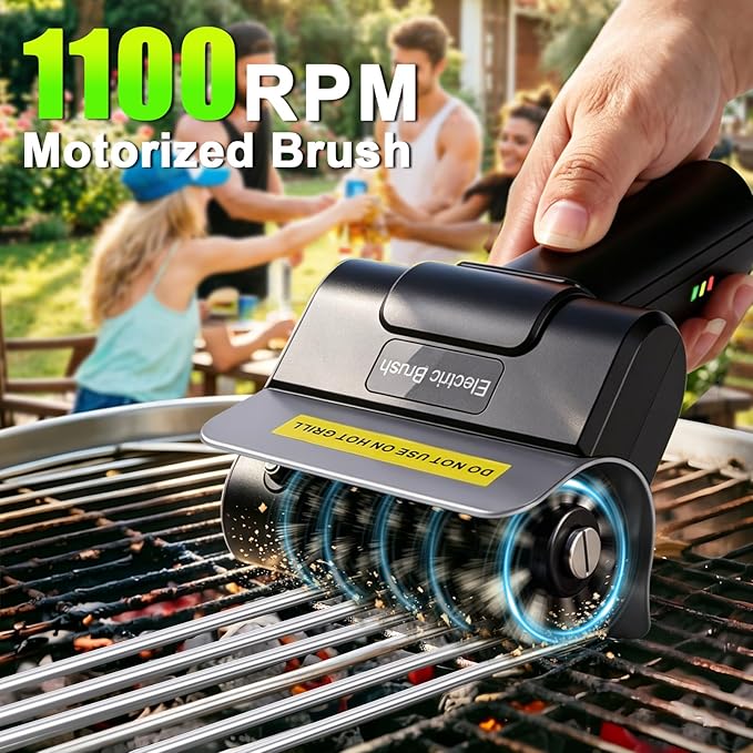 BBQ Electric Grill Brush for Outdoor Grill with 2 Stainless Steel Heads, 1100 RPM Electric Grill Cleaner Brush with Dual Safety Lock, Splash-Proof Grill Cleaning Brushes Scrubber, Rechargeable
