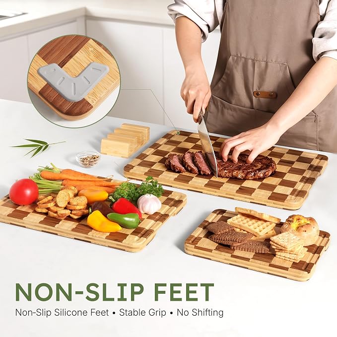 3 Pack Bamboo Cutting Board Set Checkered Wooden Cutting Board for Kitchen Non Toxic Charcuterie Board Serving Non Slip End Grain Wood Chopping Board for Meat Fruit Cheese Kitchen Housewarming Gift