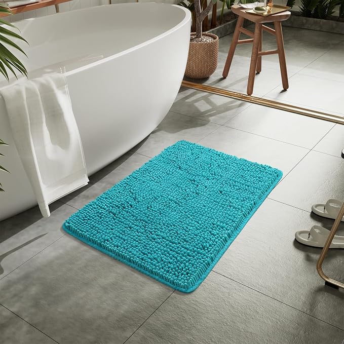 LOCHAS Luxury Bathroom Rug Shaggy Bath Mat 24 x 36 Inch, Teal Blue | Washable Non Slip Bath Rugs for Bathroom Shower, Soft Plush Chenille Absorbent Carpets