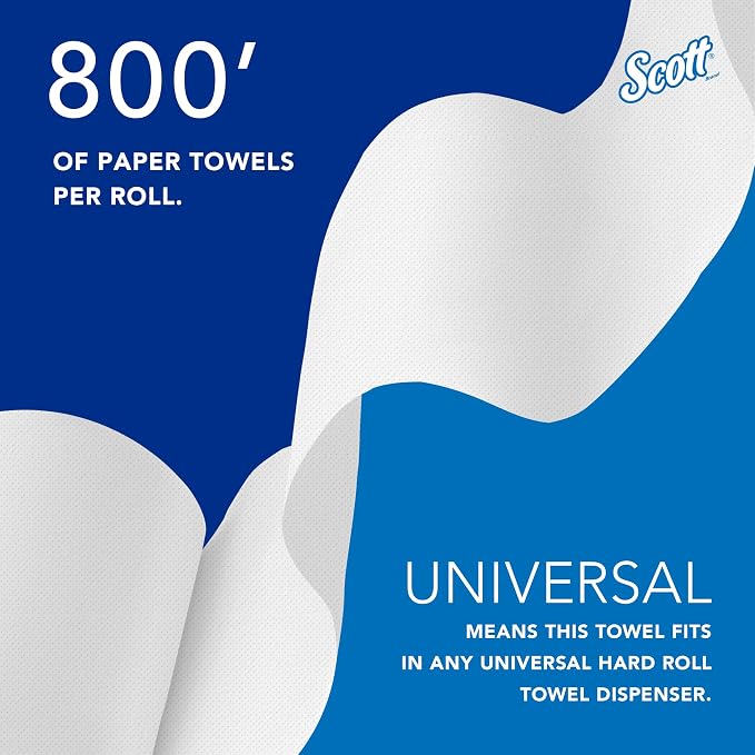Scott Professional Hard Roll Paper Towels, Bulk, 12 Rolls x 800' (01052) | Universal 1.5" Core, 100% Recycled Fiber, White, Standard Tier, Absorbency Pockets, Compatible with Universal Roll Dispensers