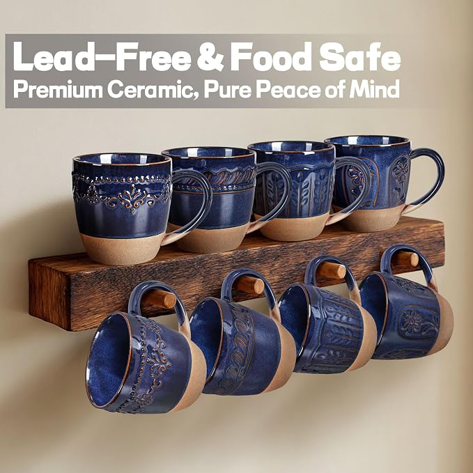 Artena Ceramic Coffee Mugs Set of 4, 16oz Embossed Large Latte Mugs Coffee Cups with Handle for Tea, Latte, Cappuccino & Cocoa, Milk Dishwasher & Microwave Safe, Blue (Pinwheel Flower)